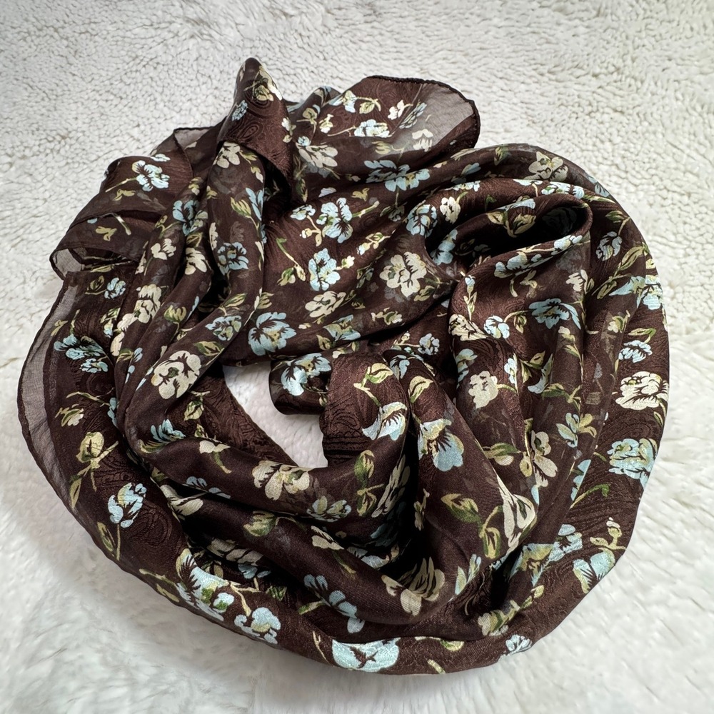 Hiroko Koshino Silk Scarf Brown Floral Paisley Jacquard Made in‎ Japan Long Wrap